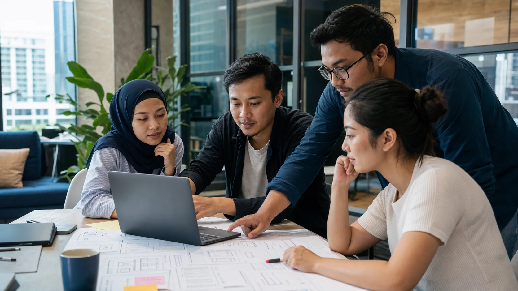 A Malaysian digital product team collaborating around a laptop